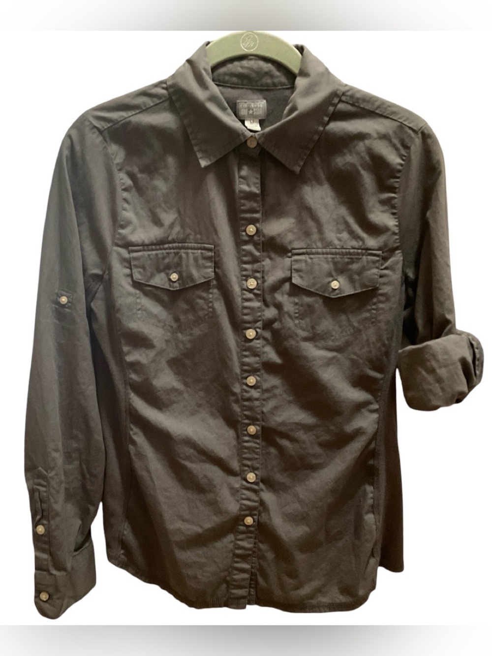 Converse One Star Women’s Button Roll Tab Long Sleeve Shirt Gray/Green Sz M